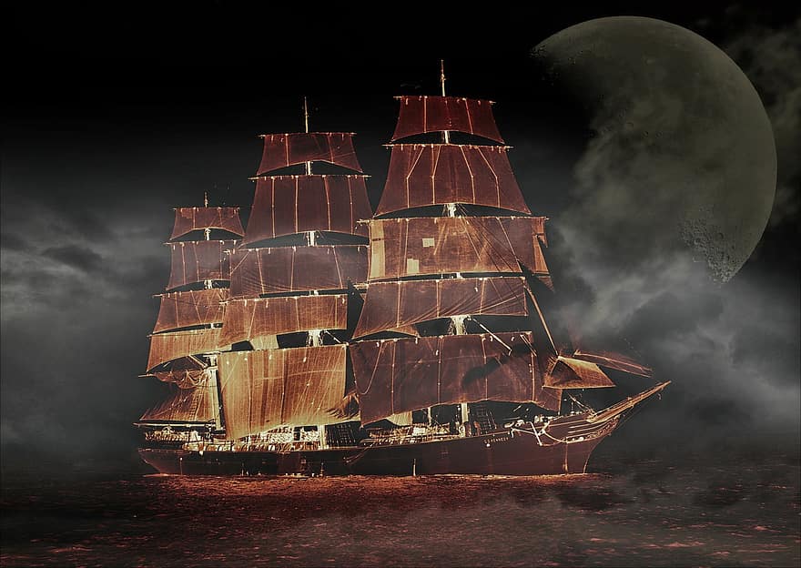 segelbåt, fartyg, tre mast, digital konst, måne, hav, halvmåne, himmel, moln, dimmig, mystiker