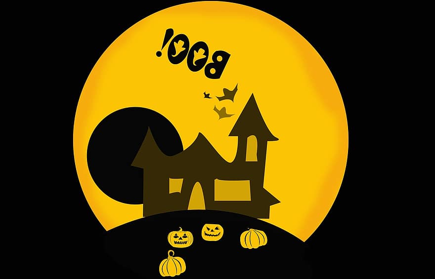 Halloween, Hintergrund, Karte, Postkarte, unheimlich, schwarz, Boo, Nacht-, Schloss, Haus, Kürbisse
