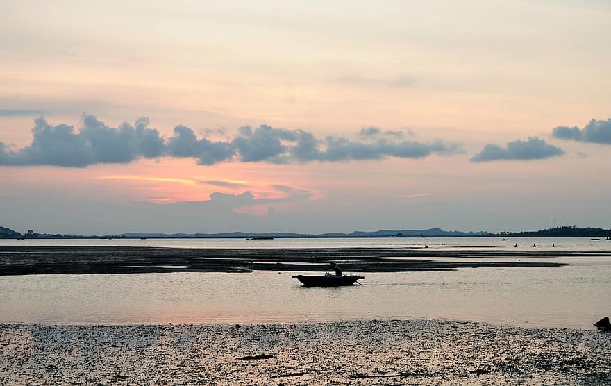 Sunset, Water, Sea, Boat, Fisherwoman, Sky, Cloud, Landscapes