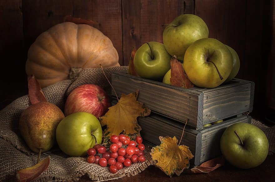 efterårets æstetik, stilleben, efterår frugter, æbler, grøntsager, græskar, efterår, baggrund, æble, frugt, blad