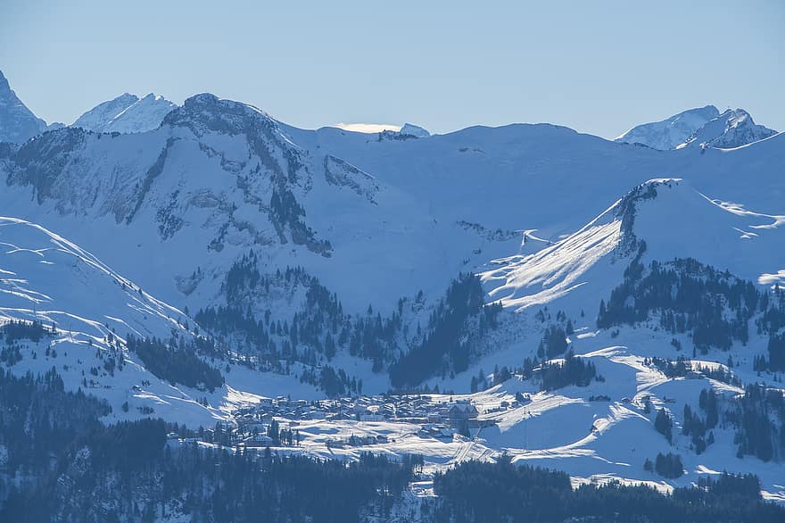 Suiza, invierno, Alpes, Brunni Cantón De Schwyz, nieve, cielo, naturaleza, montaña, azul, paisaje, pico de la montaña