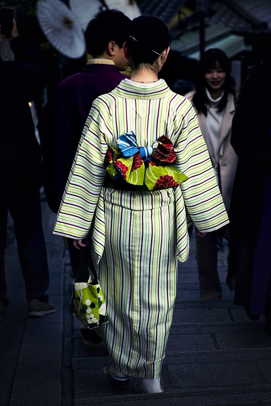 Kadın, kimono, kostüm, geri, headdress, renkli, gelenek, Japonca