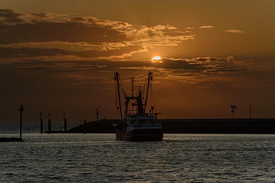 Países Bajos, puesta de sol, mar de wadden, mar, oscuridad, barco náutico, Dom, nave industrial, amanecer, silueta, Envío