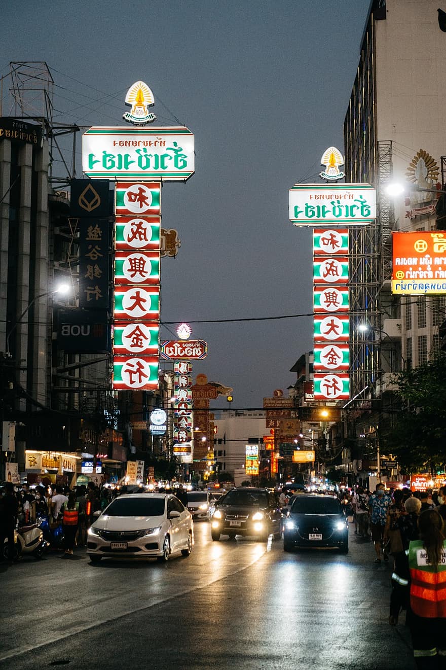 Thailand, malam, kota, urban, Asia, lalu lintas, Pecinan, diterangi, tanda, dunia malam, kehidupan kota