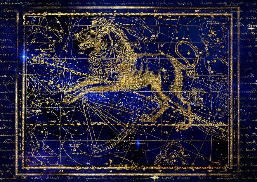 constel · lació, lleó, signe del zodíac, cel, cel estrellat, Alexander Jamieson, aniversari, targeta de felicitació, Star Atlas, horòscop, astrologia