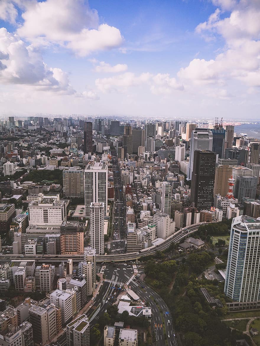 stad, tokyo, panorama, byggnader, skyskrapor, höghus, stadens centrum, urban, stadsbild, japan, högvinkelvy