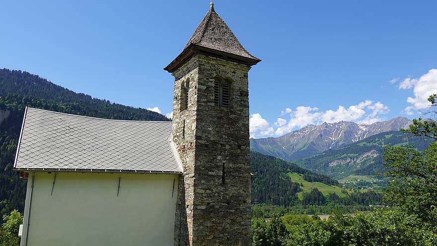 Iglesia, Torre del Reloj, edificio viejo, arquitectura, pueblo, rural, Torre de la iglesia, campo, montañas, montaña, escena rural