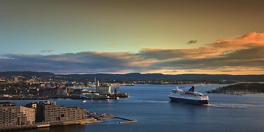 Oslo, város, napnyugta, Norvégia, komp, Óceánjáró, szállítás, hajó, szürkület, víz, ipari hajó