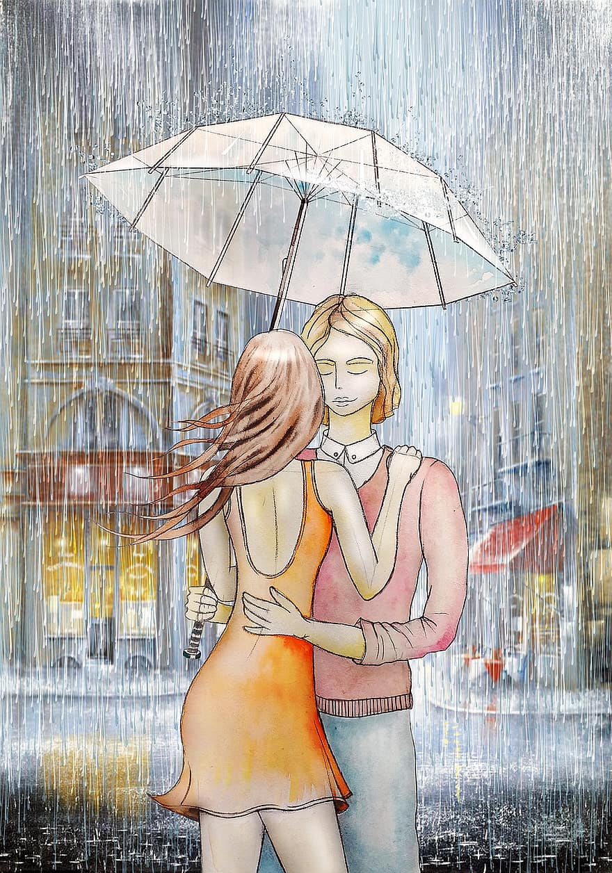 paar, liefde, regen, paraplu, verhouding, mensen, geluk, roman, echter, romantisch, kus