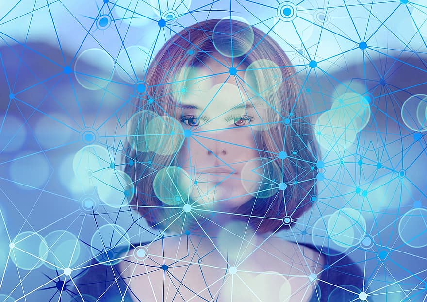 kvinde, ansigt, kunstig intelligens, ki, Digital transformation, netværk, bokeh, vise dummy, person, web, forbindelse