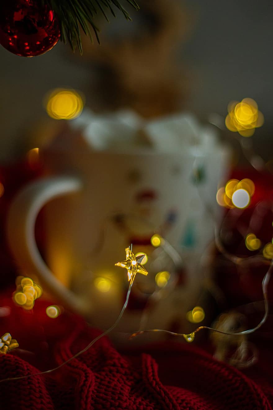 Mug, Christmas Lights, Marshmallow, Food, Drink, Beverage, Christmas, Christmas Ball, Star, Bauble, Cup