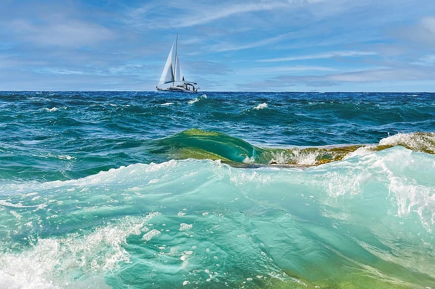 mar, onda, spray, espuma, barco, horizonte, verão, barco azul, céu, agua, vela