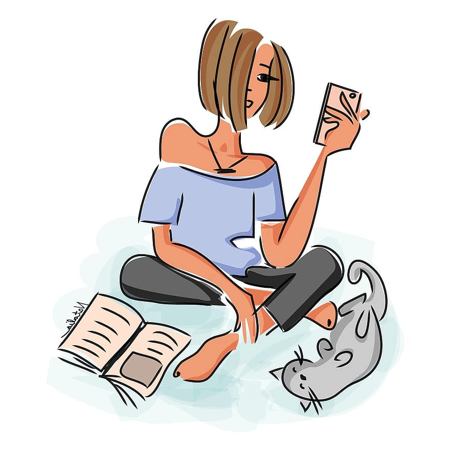 dovolená, výstup, čtení, dívka, kočka, mobilní telefon