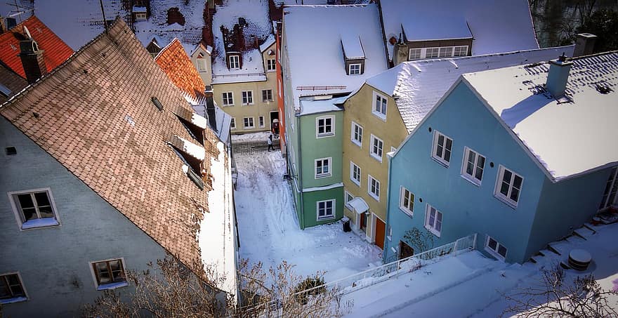 házak, város, falu, téli, évszak, tetők, madártávlat, építészet, tető, épület külső, hó