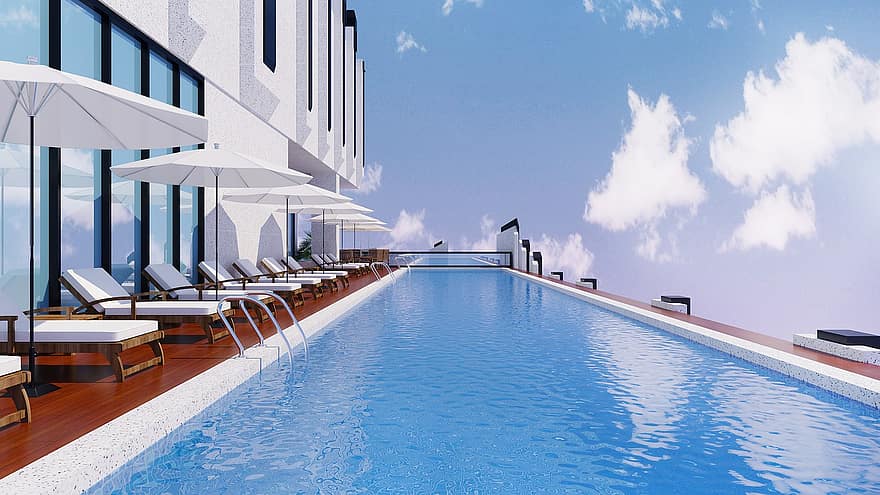 plaukiojimo baseinas, plaukti, vasara, atostogos, stogas, Nekilnojamasis turtas, mėlyna, architektūra, kėdė, modernus, vanduo