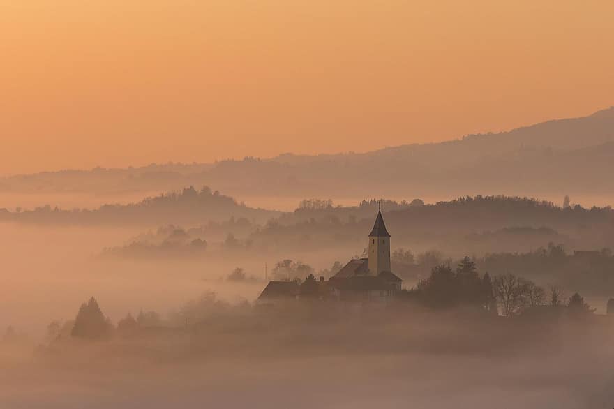църква, изгрев, мъгла, заобикаляща среда, падане, мъгливо, мъглив, сутрин, на открито, природа, панорамен