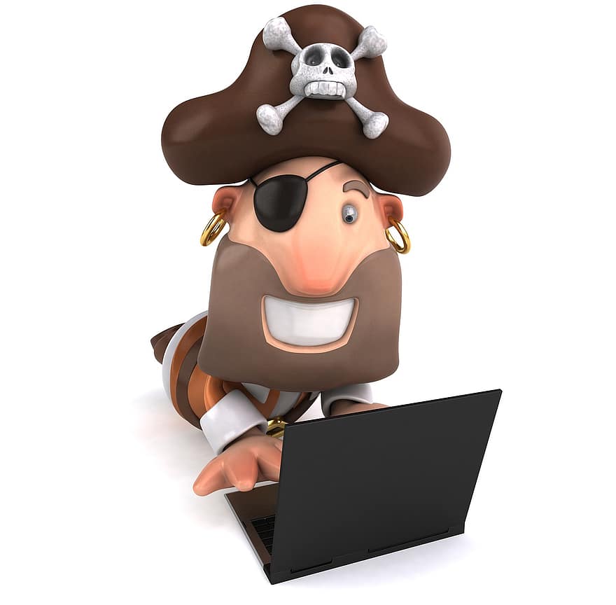 pirata, piratería, hacker, seco, derechos de autor, cráneo, capitán, piratas, crimen, 3d, ordenador portátil