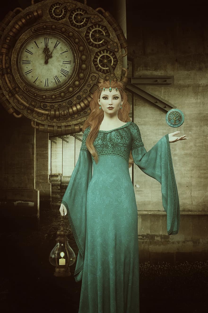 жена, рокля, часовник, лампа, път, фантазия, нереален