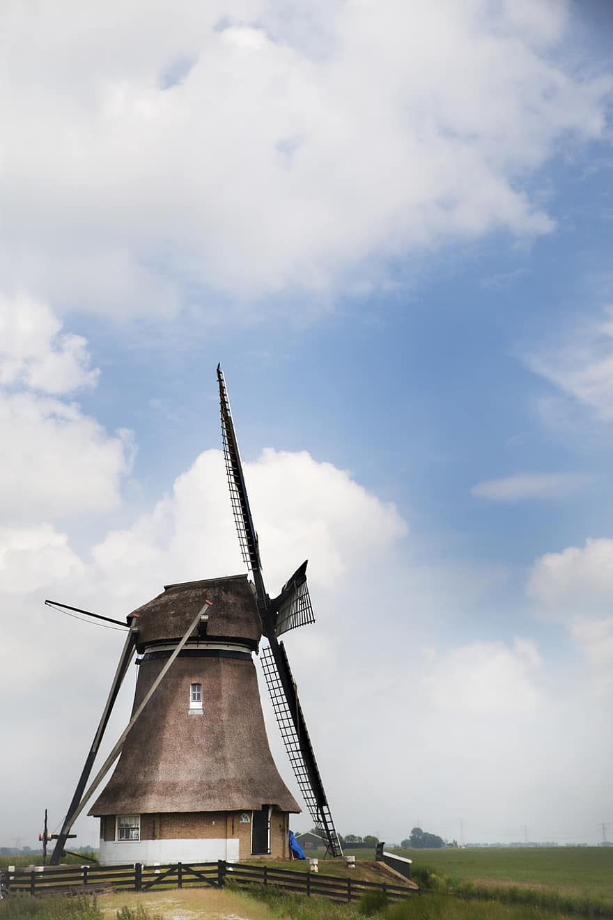 vėjo malūnas, malūnas, malimo peiliai, vėjo energija, pievos, Olandija, Nyderlandai, turizmą, debesys, vėjas, vanduo