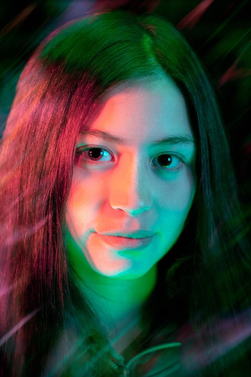 Woman, Model, Portrait, Pose, Lighting Effects, Light, Girl, Young Woman, Abstract, Colorful, Neon