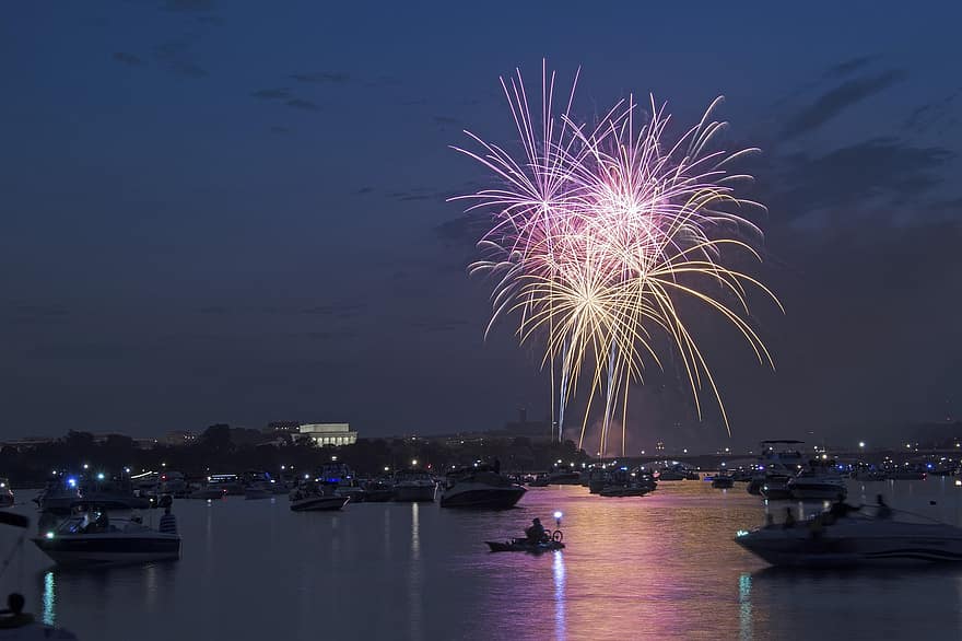fuochi d'artificio, lago, barca, acqua, Stati Uniti d'America