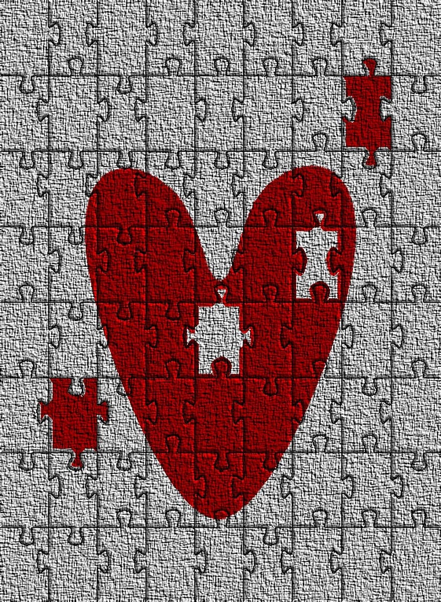 Love, Puzzle, Valentine, Romance, Symbol, Partnership, Together, Red, Jigsaw, Heart, Gray Heart