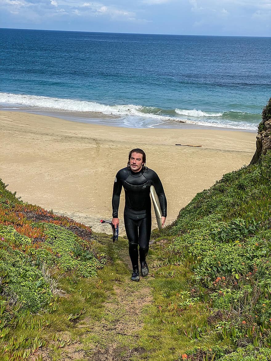 uomo, surfer, tavola da surf, spiaggia, onde, oceano, natura