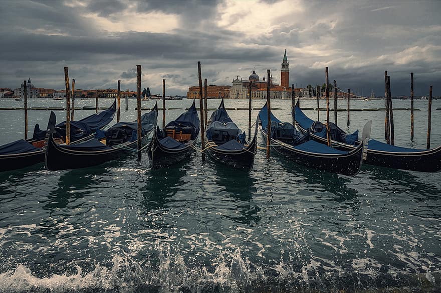 Venedig, Italien, gondoler, landskap, båtar