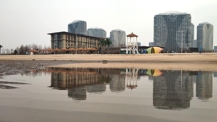 Dongdaihe, épületek, strand, tenger, üdülő, szálloda, Kaisa, tengerpart, homok, felhőkarcoló, úti cél