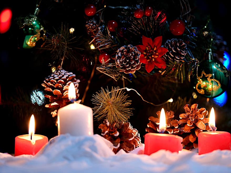 stearinlys, dekoration, jul, sæson, ferie, festlig, flamme