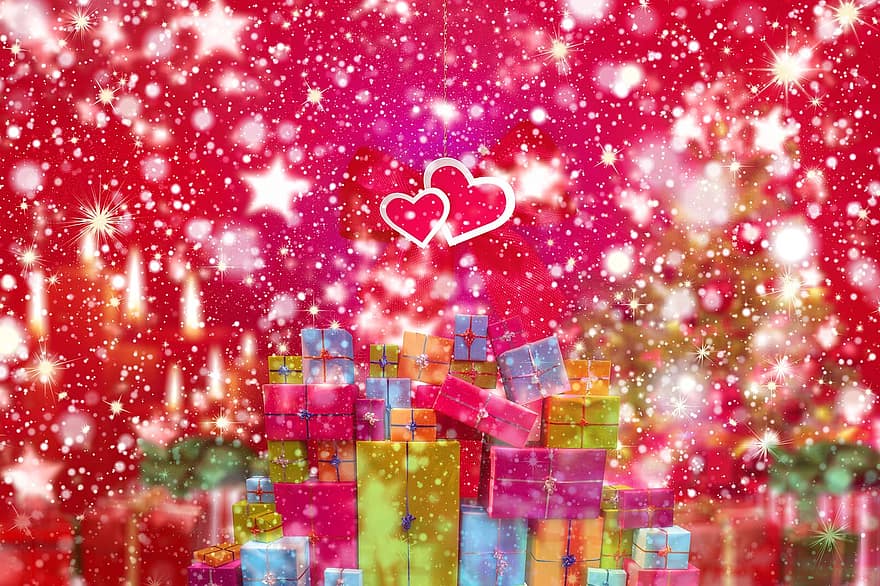 Karácsony, ajándék, csomagok, téli, hó, bokeh, szív, szeretet