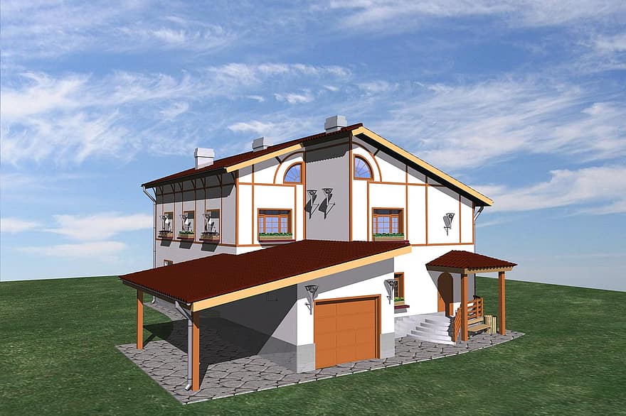 casa, chalé, 3d, renderizar, desenhar, arquitetura, grama, madeira, cobertura, verão, ilustração