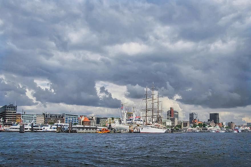 Hamburg, haven, schepen, zee, water, Verzenden, wolken, waterwegen, vervoer-, handel, reizen