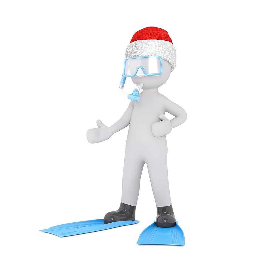 бял мъж, 3D модел, цялото тяло, 3d, бял, изолиран, Коледа, Санта шапка, спорт, гмуркане, перки