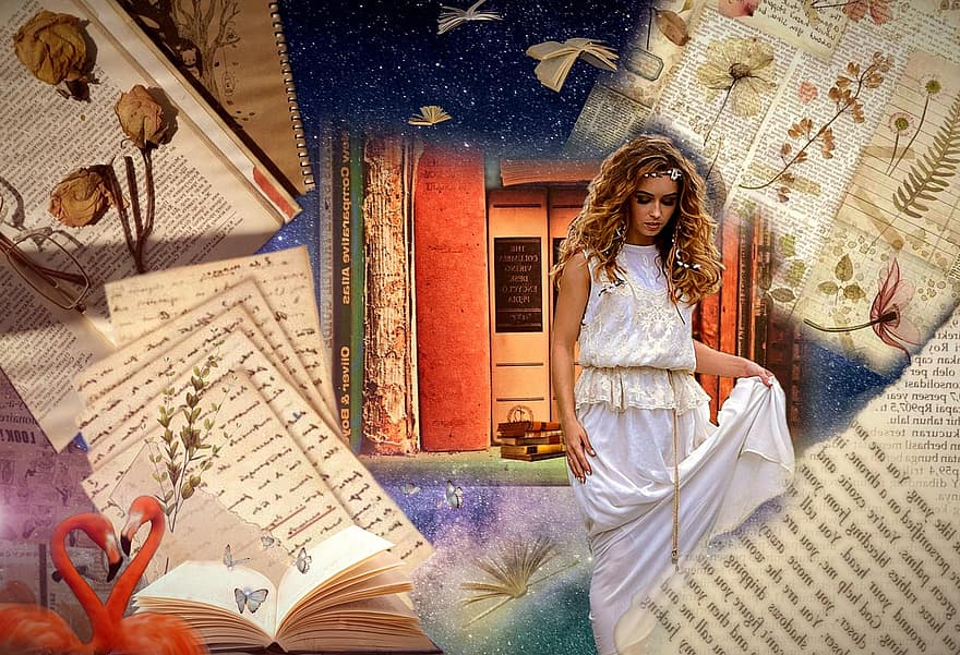 kirja, nainen, tyttö, kirjallisuus, tiedot, Sinä luet, fantasia, kollaasi, digitaalinen taide, mielikuvitus, käsinkirjoitus