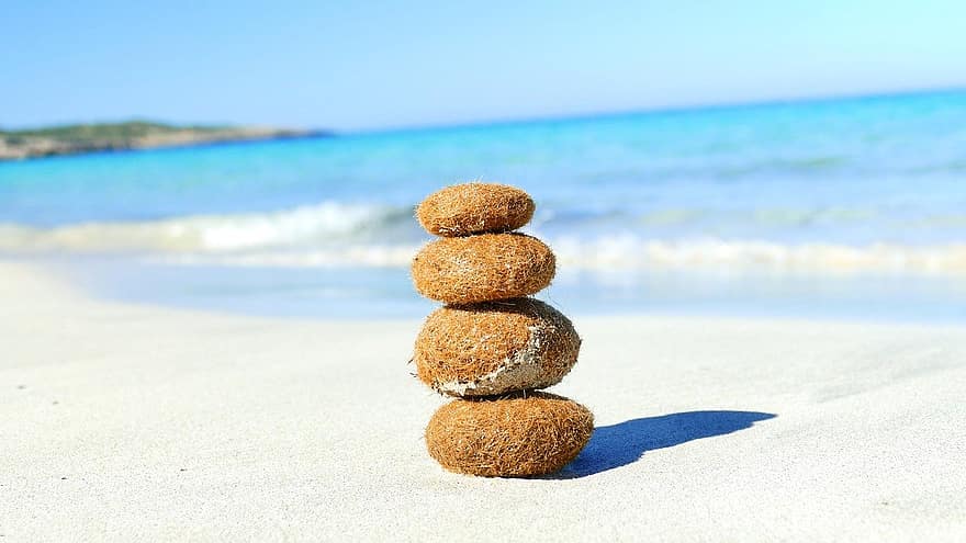 verão, de praia, período de férias, areia, agua, costa, equilibrar, pedras, destino