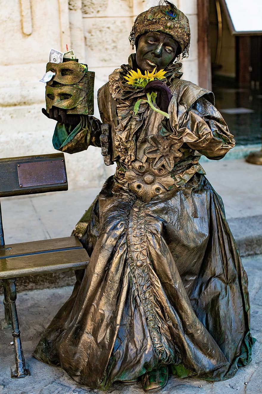 mulher, escultura, flor, mascarar