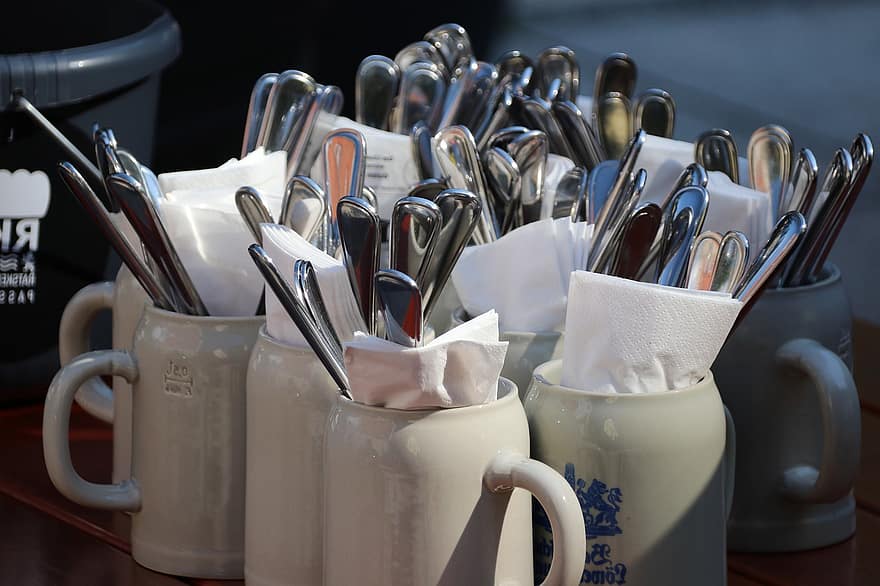 Cutlery, Silverware, Cup, Mug, Bistro, Restaurant, Container, Tissue Paper, Paper Napkin