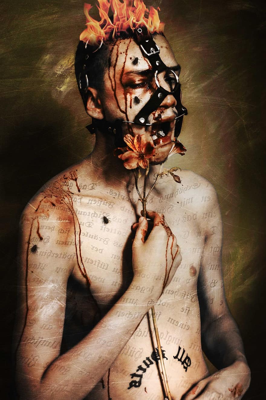 fotomontáž, bolest, krev, portrét, oběť, zneužívání, výkřik, strach, shromáždění, hrůza, noční můra