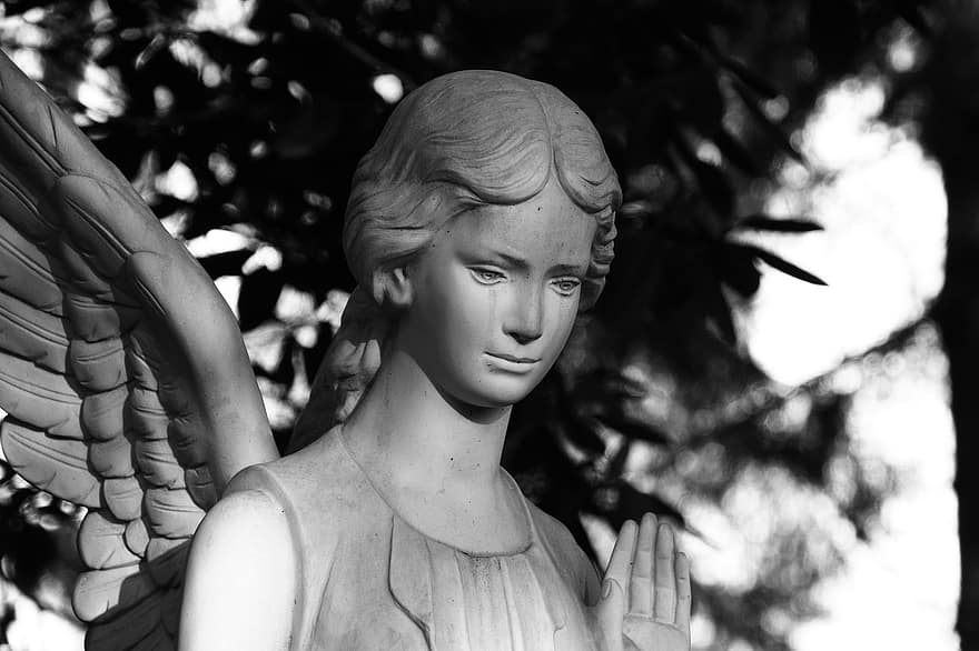 Angel, Statue, Graveyard, Ohlsdorf, Grief, Loss, Black-and-white, Death, Funeral, Grave, religion