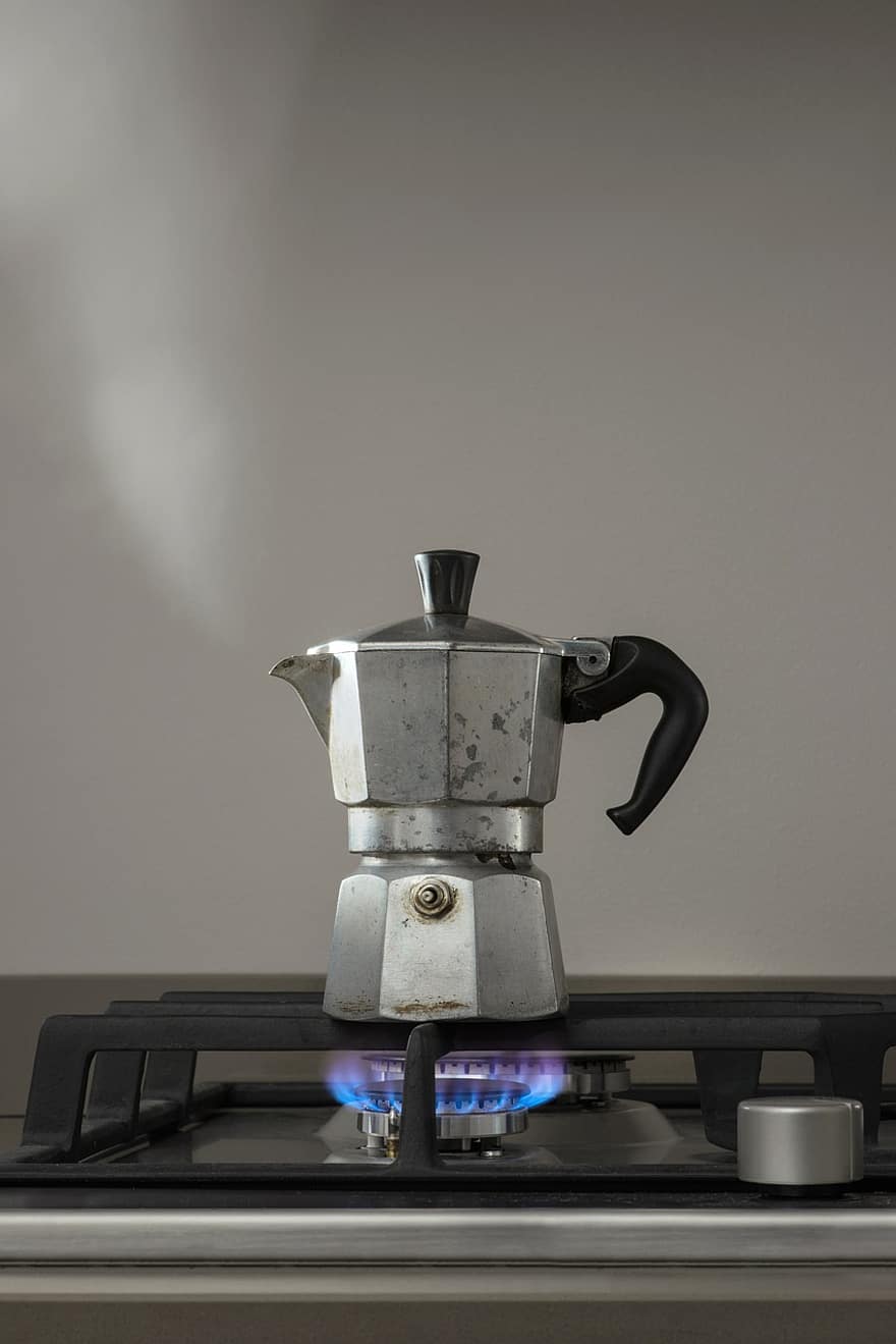Percolateur à café, poêle, flamme, café, cafetière, machine à café, cuisinière à gaz, ancien, vapeur
