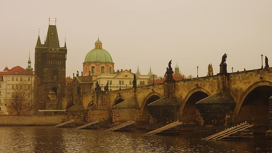 ponte, rio, ponte charles, urbano, cidade, Ponte de Pedra, histórico, ponto de referência, outono, vltava, Praga