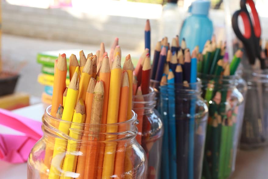 Färg, skola, färgade pennor, kreativitet, hantverk, konst, multi färgad, närbild, penna, utbildning, färger