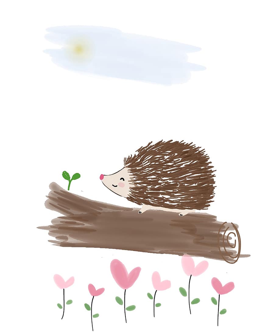 Hedgehog, Trunk, Flowers, Branches, Tree, Cute, Animal, Blossom, Nature, Sketch, Drawing