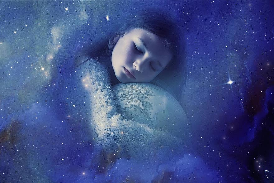 фантазія, мрія, магія, самка, дитина, дівчина, спати, глобус, зірок, світ, загадковість