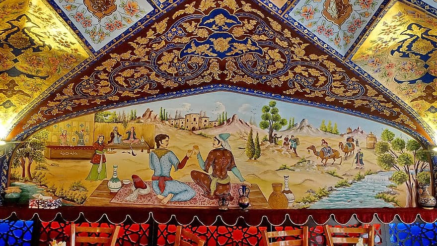 Irán, Perzsia, Iszfahán, kávézó, Bahar kávézó, falfestmény, Művészet