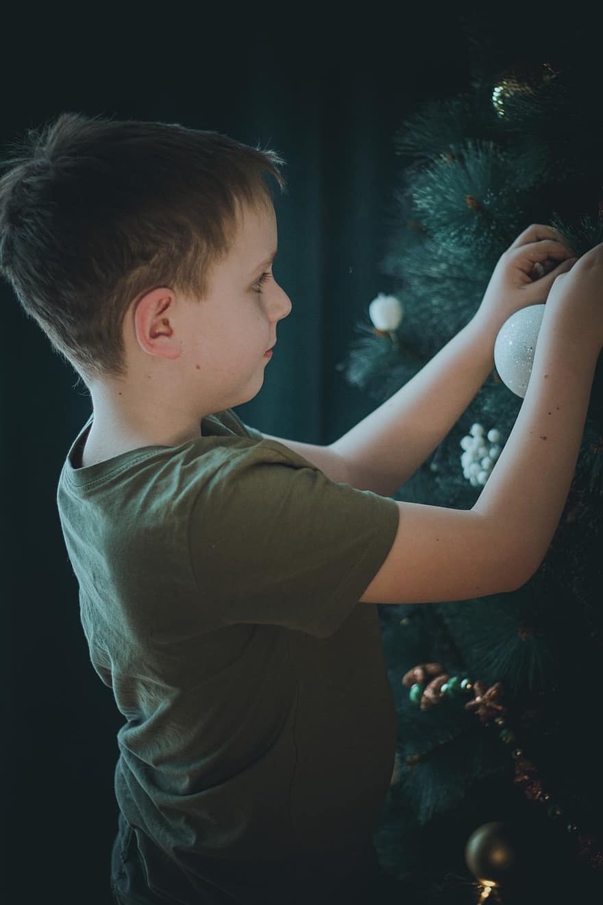 nový rok, Vánoce, chlapec, vánoční hračky, děti, Ozdobte vánoční stromeček, vánoční dekorace, dítě, Chlapec U Stromu, vánoční strom