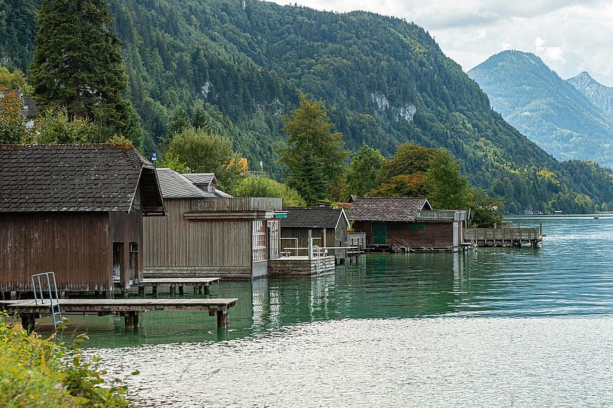 hory, jezero, lodní dům, dům u jezera, stromy, les, volně žijících živočichů, divočina, jezero wolfgangsee, Rakousko, Příroda