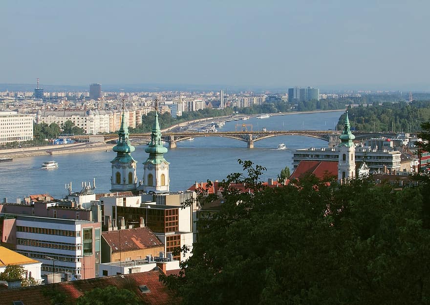upláchnout, margaret bridge, starý, panoráma, Dunaj, řeka, budapešť, Maďarsko, Při pohledu z Budy, panoráma města, kostel