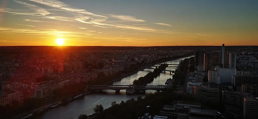 Paříž, řeka, západ slunce, soumrak, panoráma města, městské panorama, architektura, venku, slavné místo, noc, voda